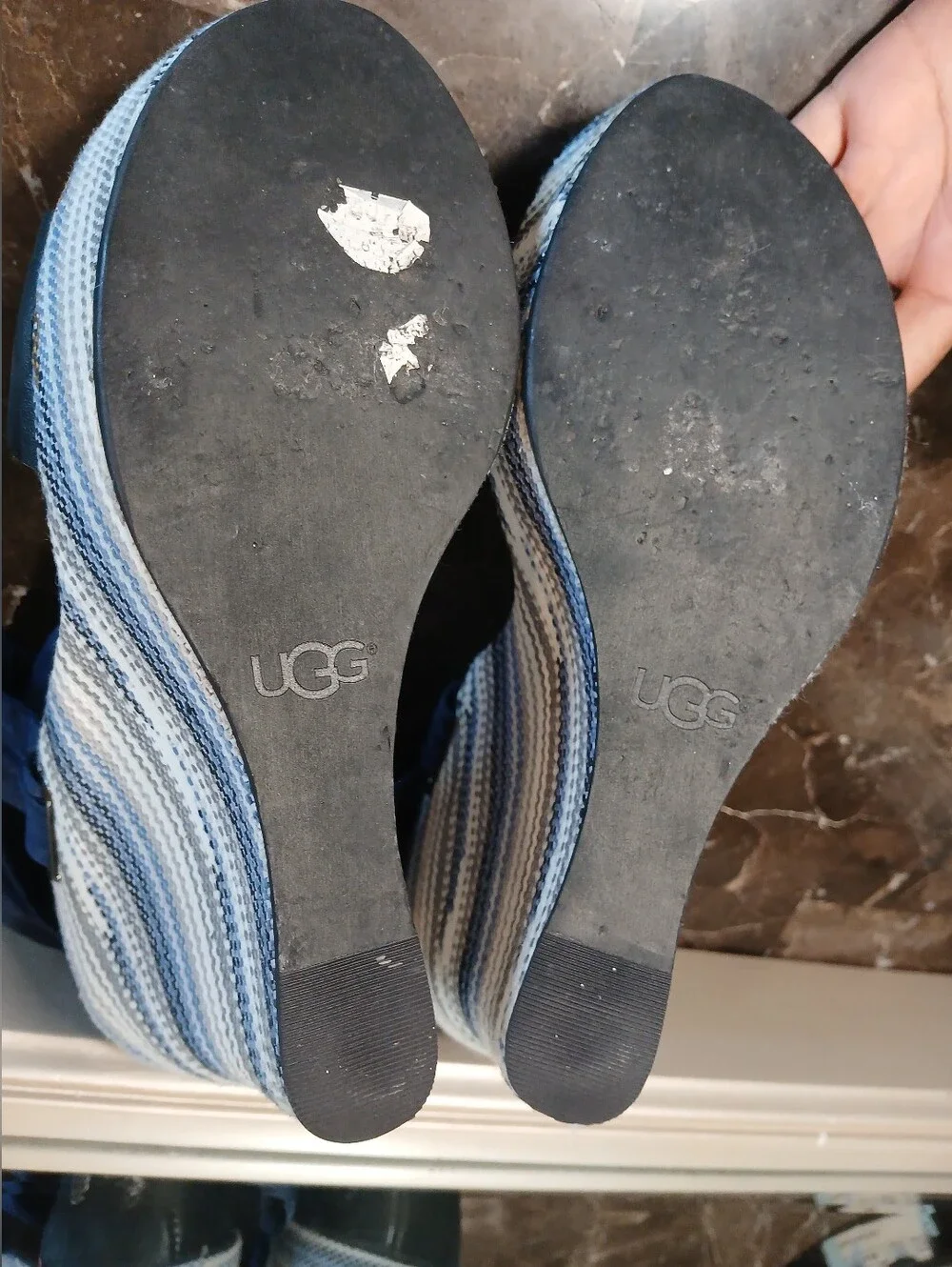 UGG Blue and White Striped Wedge Sandals with Navy Ankle Tie